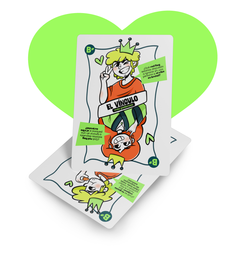Cartas del juego frente a un gran corazón verde